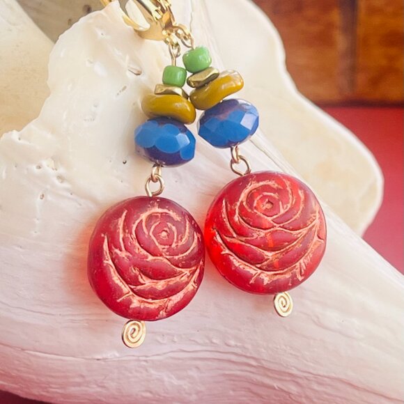 Colorful Rose Dangle Statement Earrings - Artisan - Picture 4 of 7